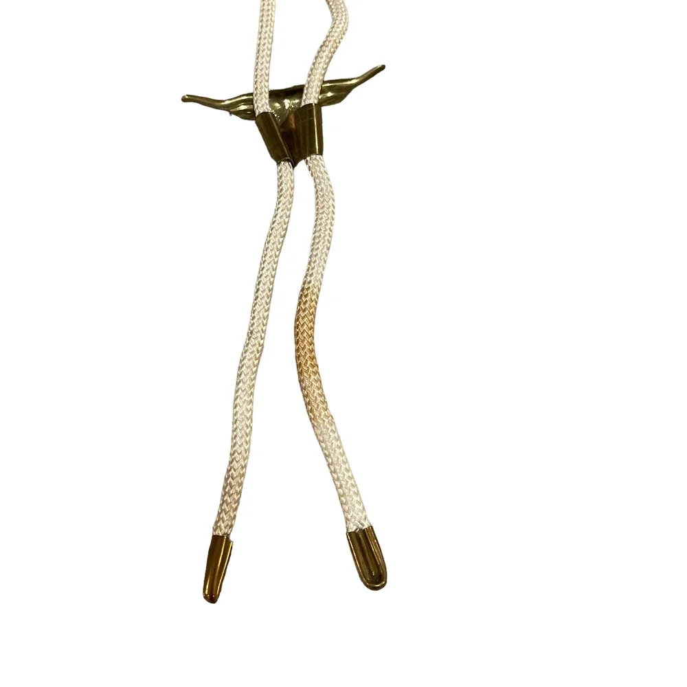 Vintage Mens Bolo Tie Cream Rope Band‎ With Brass Bull Southwestern Western